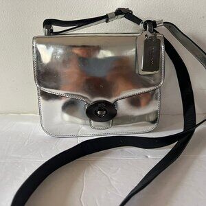 $398 AUTH COACH PAGE MINI CROSSBODY MIRROR METALLIC LEATHER BAG